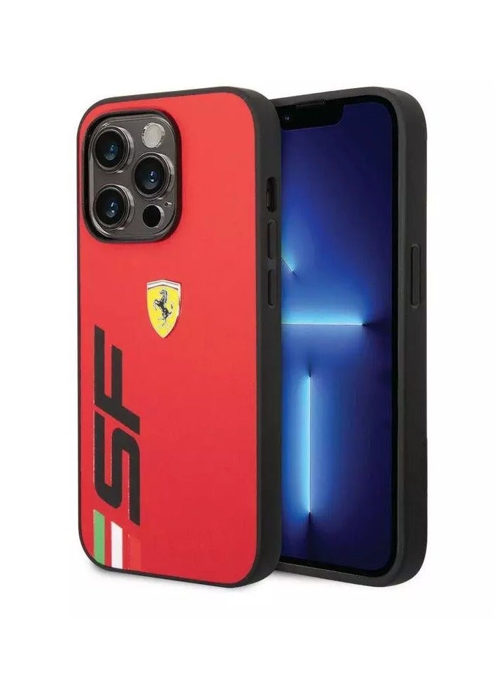 Ferrari حافظة جلدية من بولو فيراري مع شعار SF الكبير المطبوعة لهاتف آيفون 14 برو باللون الأحمر - Image 1