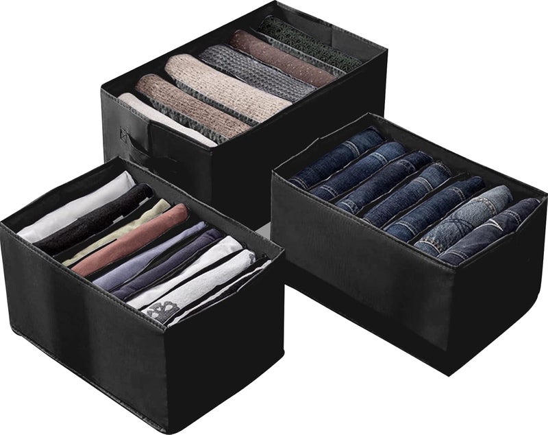 HOUSE OF QUIRK House of Quirk Set of 3 Wardrobe Clothes Organizer for Folded Clothes with Handle Closet Drawer Organizers for Jeans Pants Tshirt Sweater Kids Clothes 679 Grids Black Fabric - Image 1