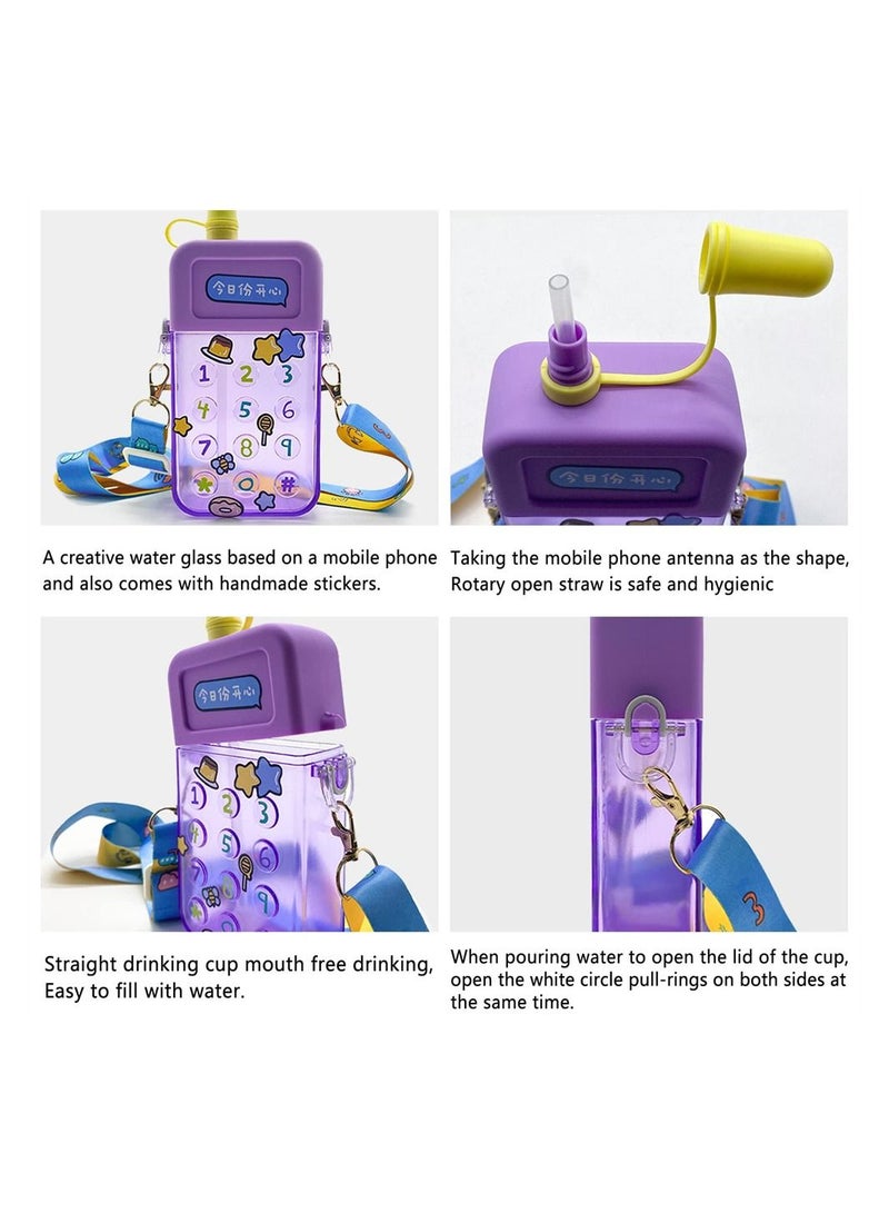 سيوسي Mobile Phone Cup Sports Travel Water Bottles with Straws Portable Cute Large Capacity Juice Drinking Cups Random Stickers Suitable for Outdoor Camping Purple - Image 3