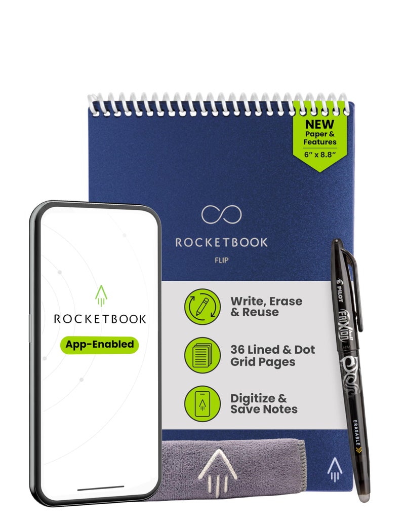 Rocketbook Flip Reusable Smart Notepad, Top Bound Spiral Notebook Lined and Dotted Pages Executive Size 6x8.8, Premium, Navy Blue (Pack of 1) - Image 1