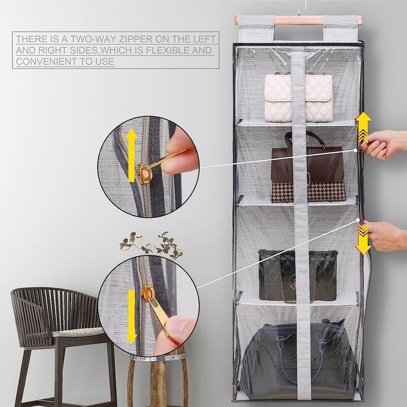 Clear Closet Hanging Handbag Organizer with Zippers - Space Saving Purse Storage Holder (Grey) - Image 4