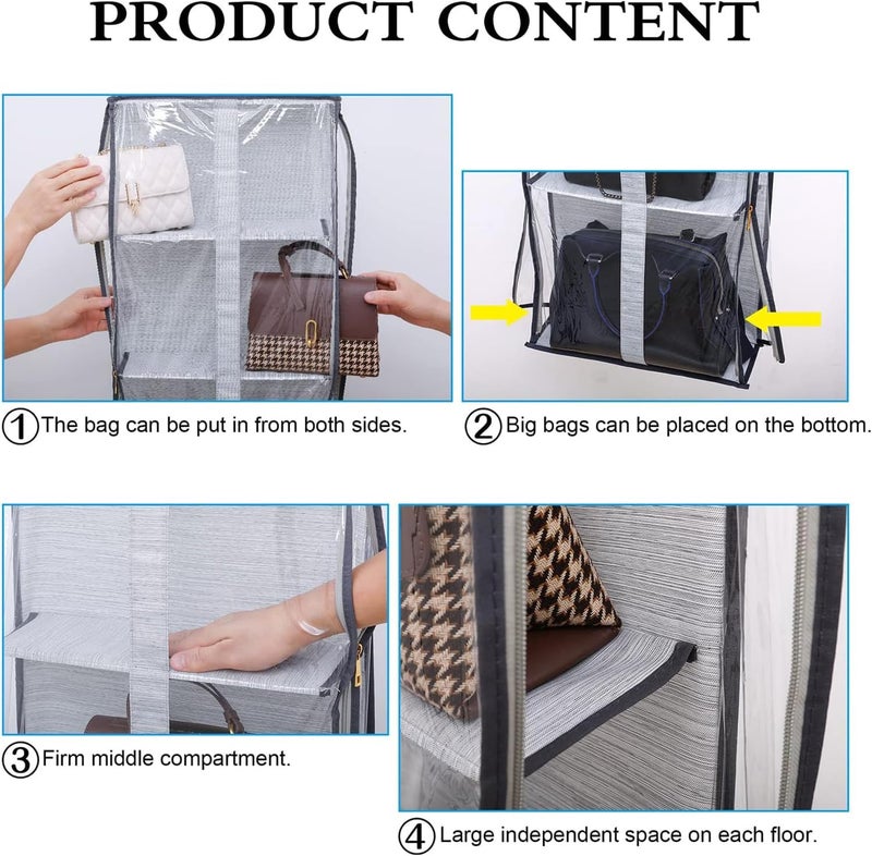 Clear Closet Hanging Handbag Organizer with Zippers - Space Saving Purse Storage Holder (Grey) - Image 5