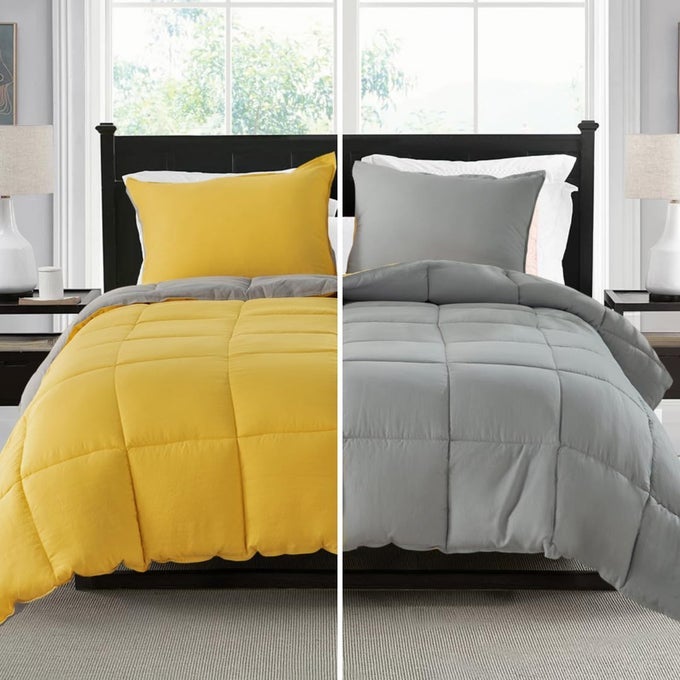 REVERSIBLE KING COMFORTER SET YELLOW GRAY SOFT LIGHTWEIGHT COLORSAFE NONSHRINK MACHINE WASHABLE BEDDING WITH PILLOW SHAM ALLSEASON DOWN ALTERNATIVE