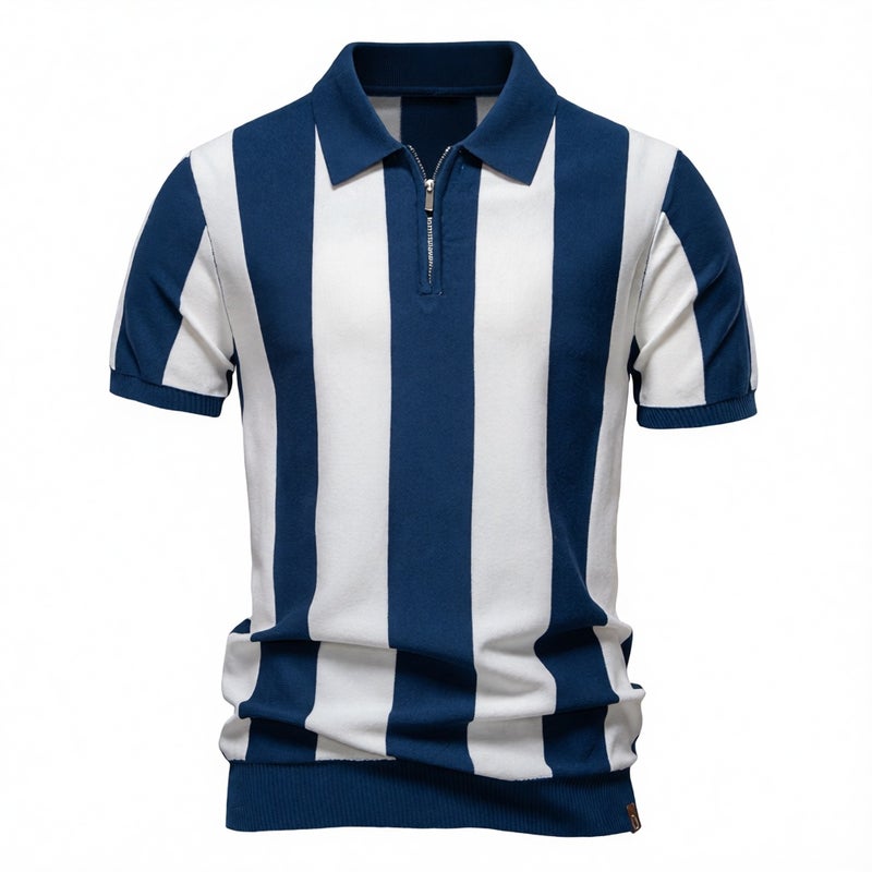 Men's Striped Knit Polo Shirt Short Sleeve Casual Top - Image 1