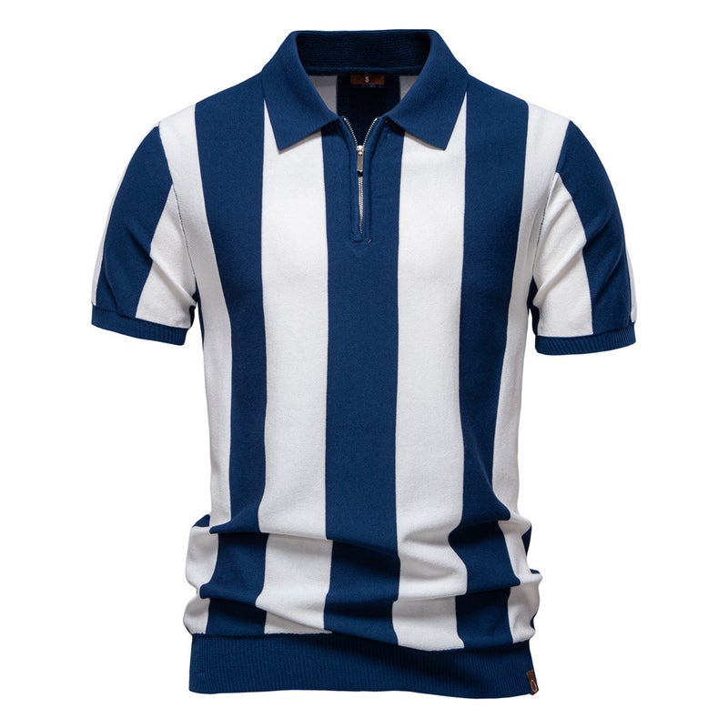 Men's Striped Knit Polo Shirt Short Sleeve Casual Top - Image 2