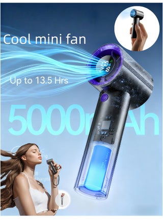 Handheld mini fan, speed (1-199) Adjustable mini portable fan, 5000mAh battery USB rechargeable personal fan, metal body, digital display, suitable for men and women travel/camping/outdoor - Black