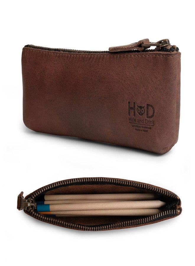 Hide & Drink, Rectangular Pencil Case, Pen & Marker Pouch for Men and Women, Flat Zippered Holder, Classic Style for Artists, Full Grain Leather, Handmade, Bourbon Brown - Image 1
