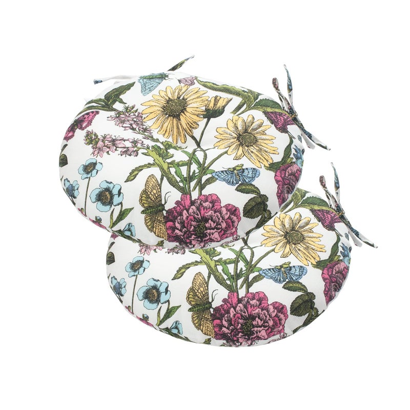 FUNHOME Bistro Chair Cushions 15 inch,Set of 2,Tufted Round Chair Cushions with Ties,15"x15"x4",Water Resistant Round Seat Cushion for Barstool Chairs,Patio Garden Kitchen Outdoor Furniture(Butterfly Flower) - Image 1