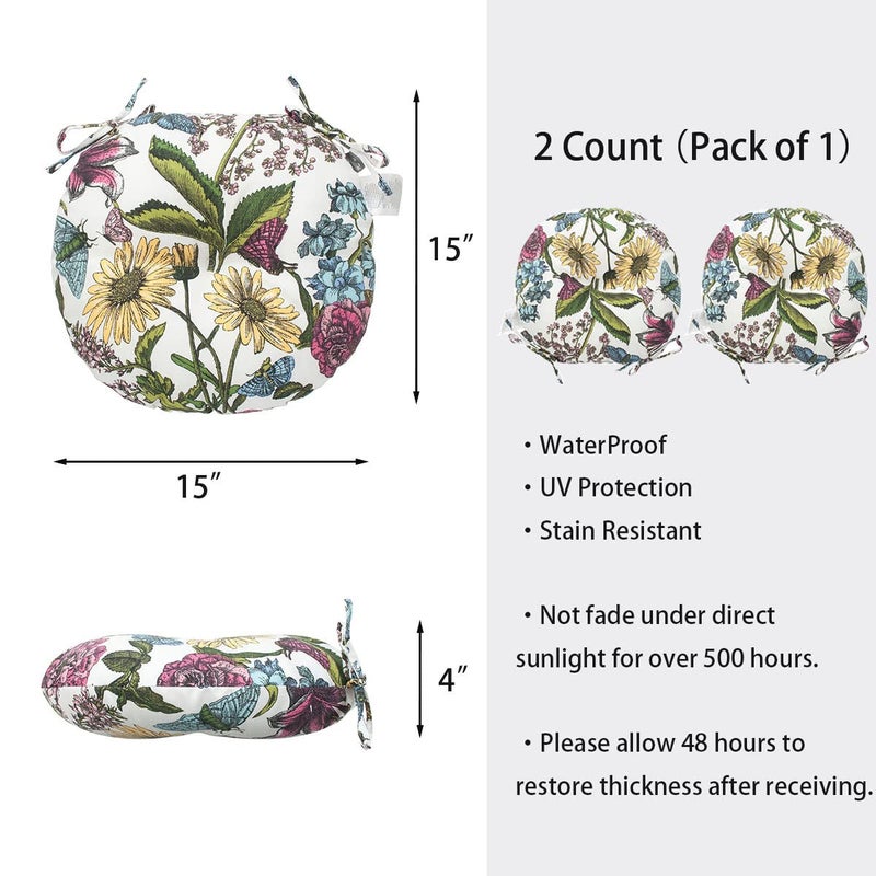 FUNHOME Bistro Chair Cushions 15 inch,Set of 2,Tufted Round Chair Cushions with Ties,15"x15"x4",Water Resistant Round Seat Cushion for Barstool Chairs,Patio Garden Kitchen Outdoor Furniture(Butterfly Flower) - Image 5
