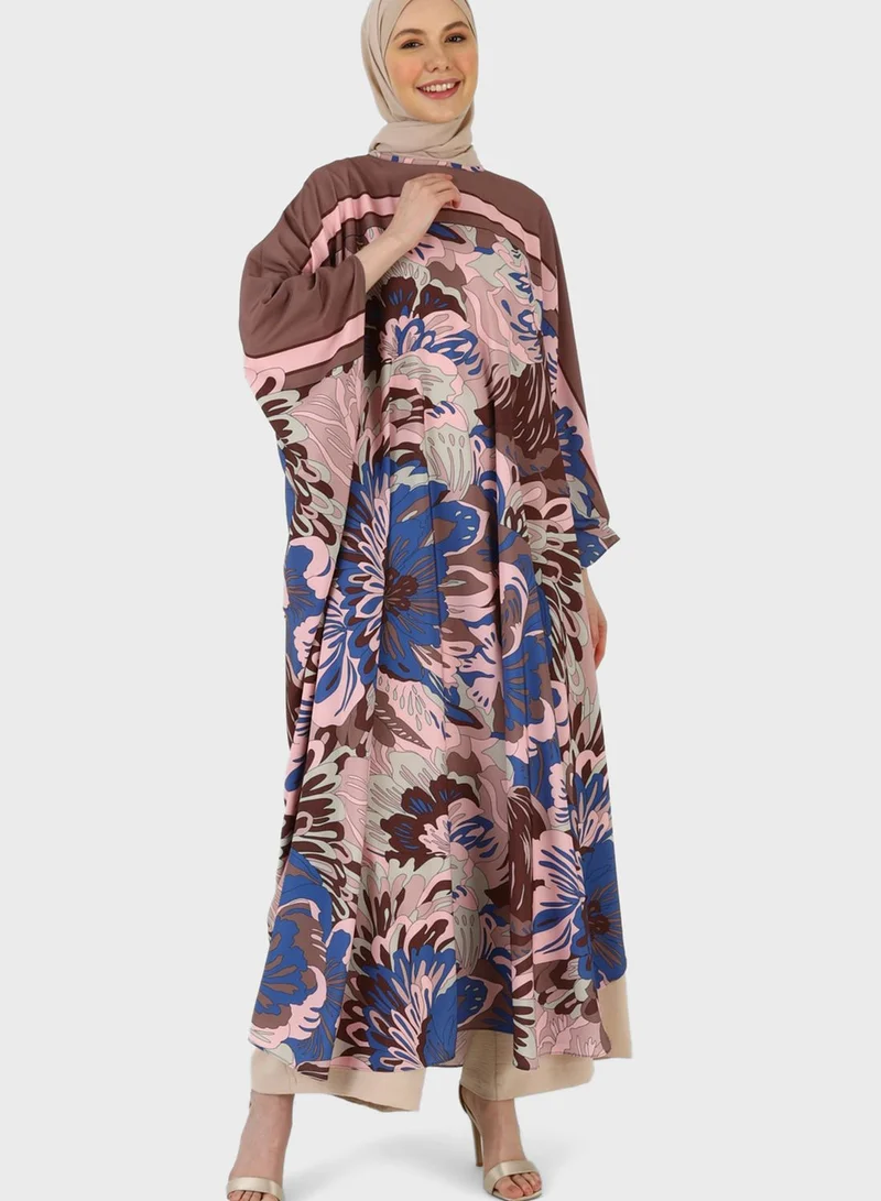 Refka by modanisa Floral Print Cape Sleeve Abaya
