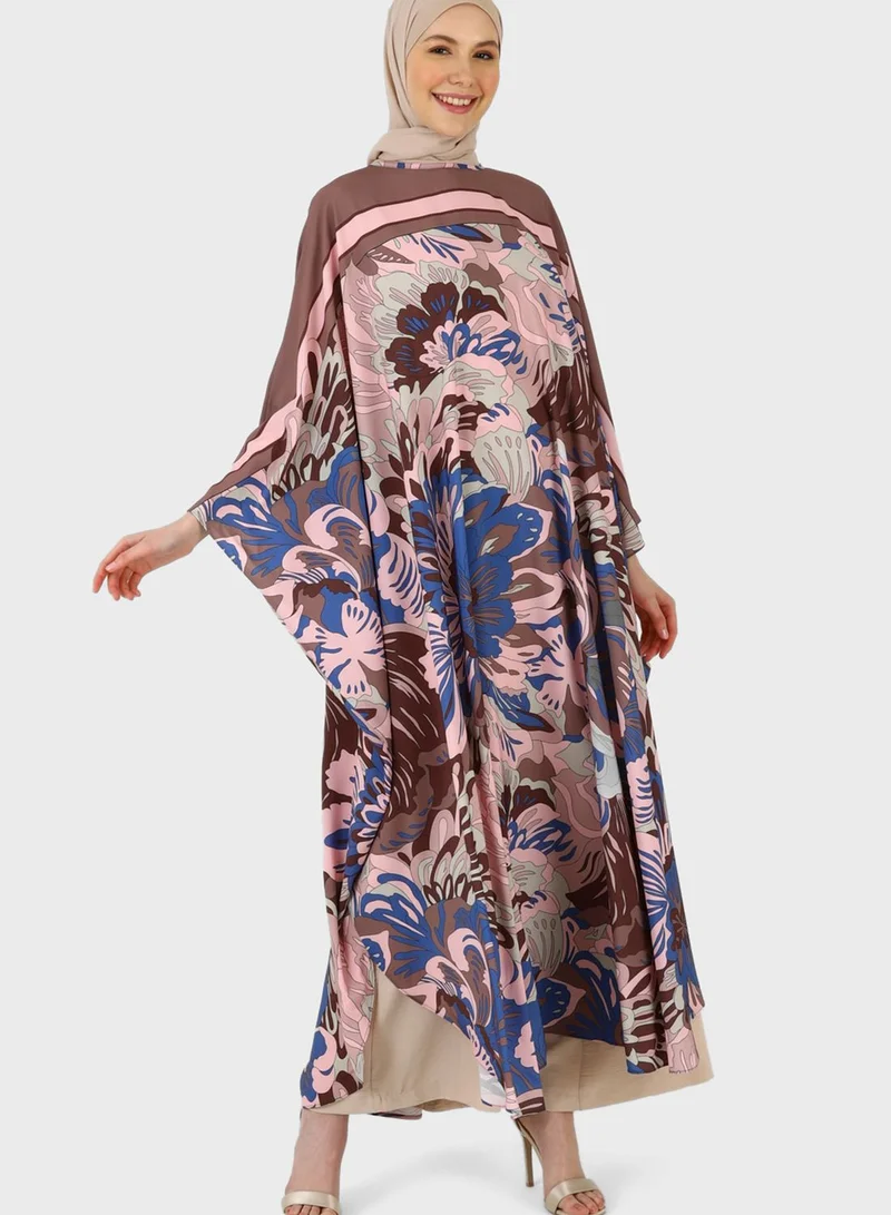 Refka by modanisa Floral Print Cape Sleeve Abaya
