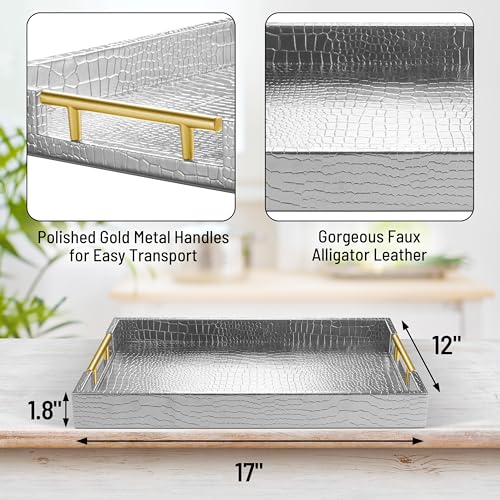 ATZYmolin 17" x 12" Wood Serving Tray with Gold Polished Metal Handles, Home Decorative Wooden Rectangle Ottoman Leather Decor Platter Bathroom Vanity Tray for All Occasions Alligator Silvery - Image 2