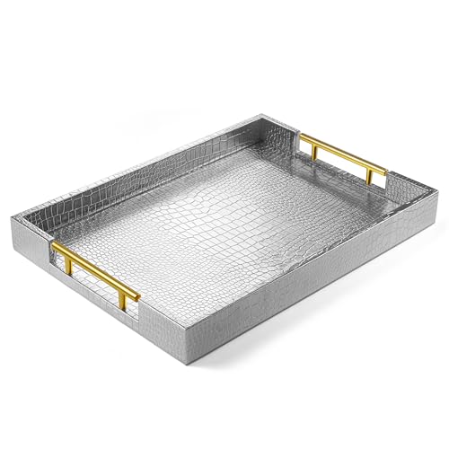 ATZYmolin 17" x 12" Wood Serving Tray with Gold Polished Metal Handles, Home Decorative Wooden Rectangle Ottoman Leather Decor Platter Bathroom Vanity Tray for All Occasions Alligator Silvery - Image 1