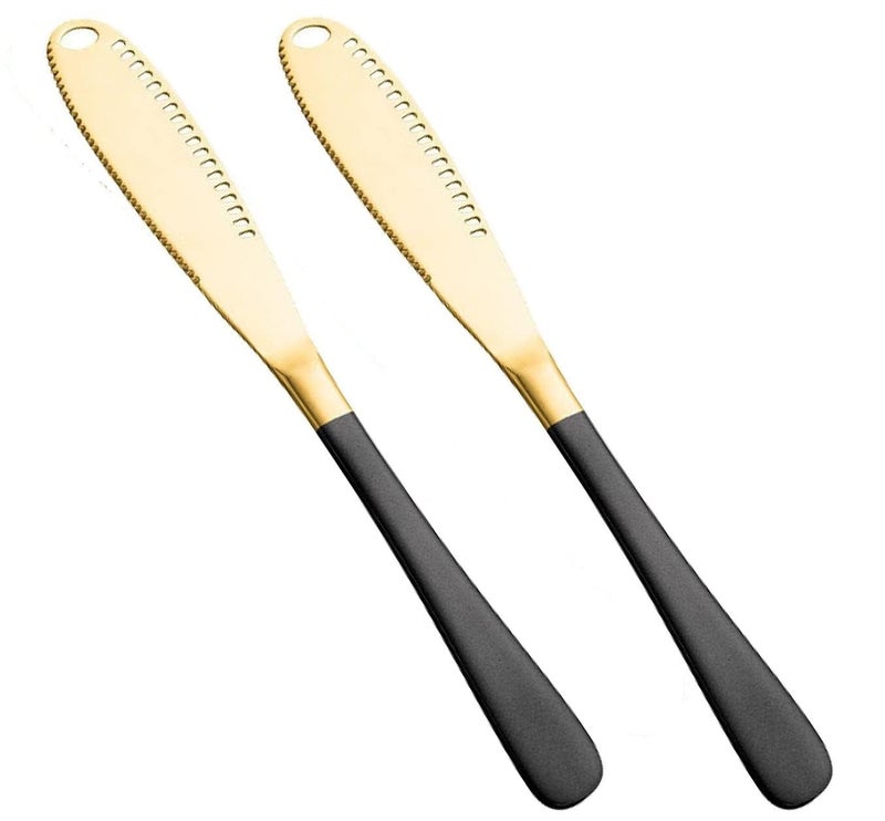 Dhyankeshwer Butter Knife Stainless Steel Butter Spreader Knife Multifunctional for Cold Butter Spreader with Serrated Edge Butter Knife with Hole Black Gold Pack of 2 - Image 1