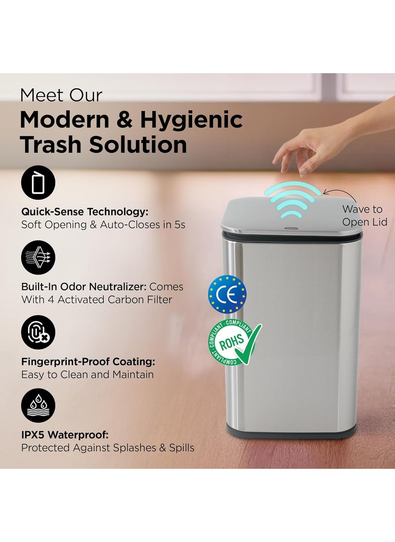 Urbane Home Urbane Home 15L Stainless Steel Automatic Touchless Motion Sensor Dustbin Quick Open Soft Close Lid Garbage Bin for Kitchen Bathroom Indoor Outdoor Trash Can  - Image 2
