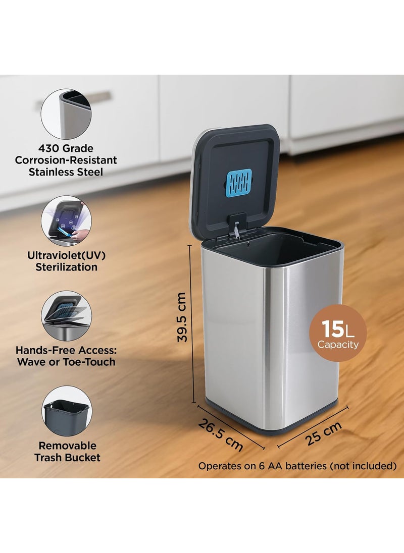 Urbane Home Urbane Home 15L Stainless Steel Automatic Touchless Motion Sensor Dustbin Quick Open Soft Close Lid Garbage Bin for Kitchen Bathroom Indoor Outdoor Trash Can  - Image 3