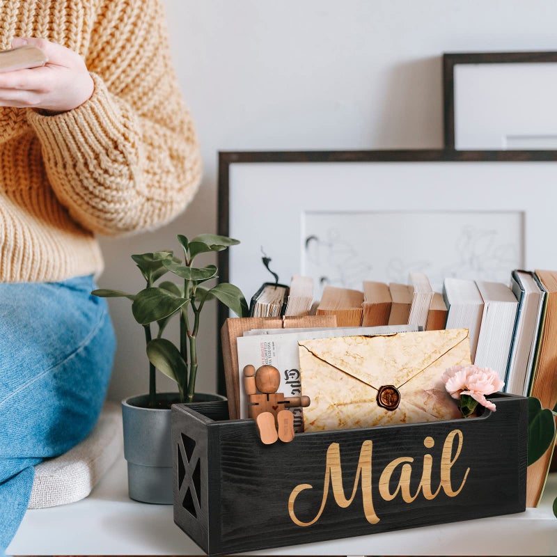 BOTOP Mail Organizer Mail Holder Countertop, Rustic Wooden Mail Basket Mail Tray Letter Holder Box for Desk Home Office Wall Mount - Image 2