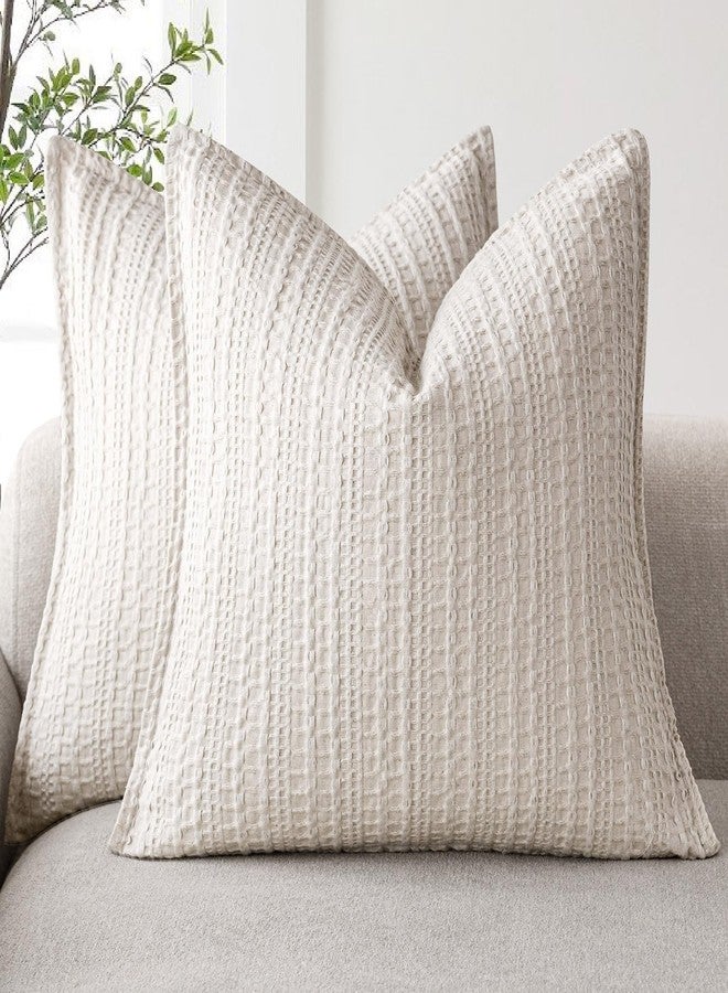 Foindtower Set of 2 Decorative Cotton Waffle Weave Throw Pillow Covers Euro Shams Cushion Covers Accent European Pillowcase for Bed Couch Sofa Bedroom Living Room Home Decor 24×24 Inch Oatmeal - Image 1