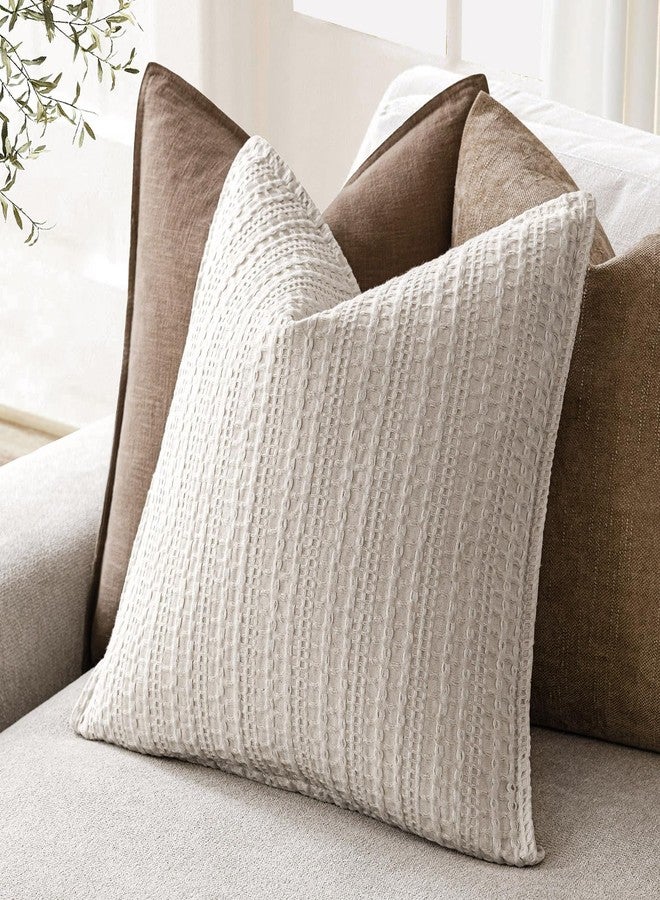 Foindtower Set of 2 Decorative Cotton Waffle Weave Throw Pillow Covers Euro Shams Cushion Covers Accent European Pillowcase for Bed Couch Sofa Bedroom Living Room Home Decor 24×24 Inch Oatmeal - Image 4