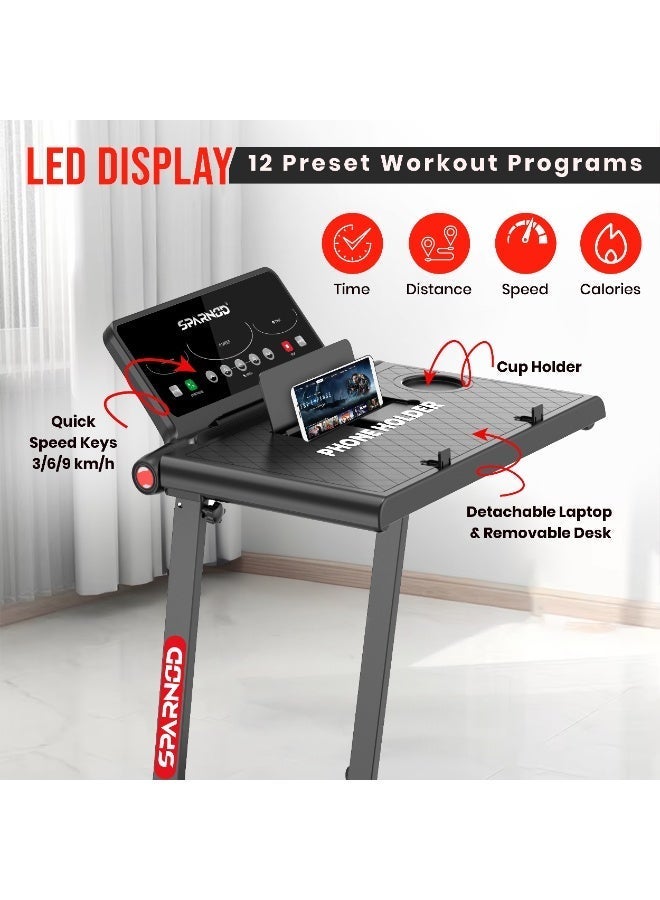 Sparnod Fitness جهاز المشي القابل للطي STH-3085 للاستخدام المنزلي – محرك بقوة 2.5 حصان، 12 برنامج مسبق، سرعة 12 كم/س، ميل يدوي، شاشة LED، امتصاص للصدمات، وزن أقصى 90 كجم - Image 3