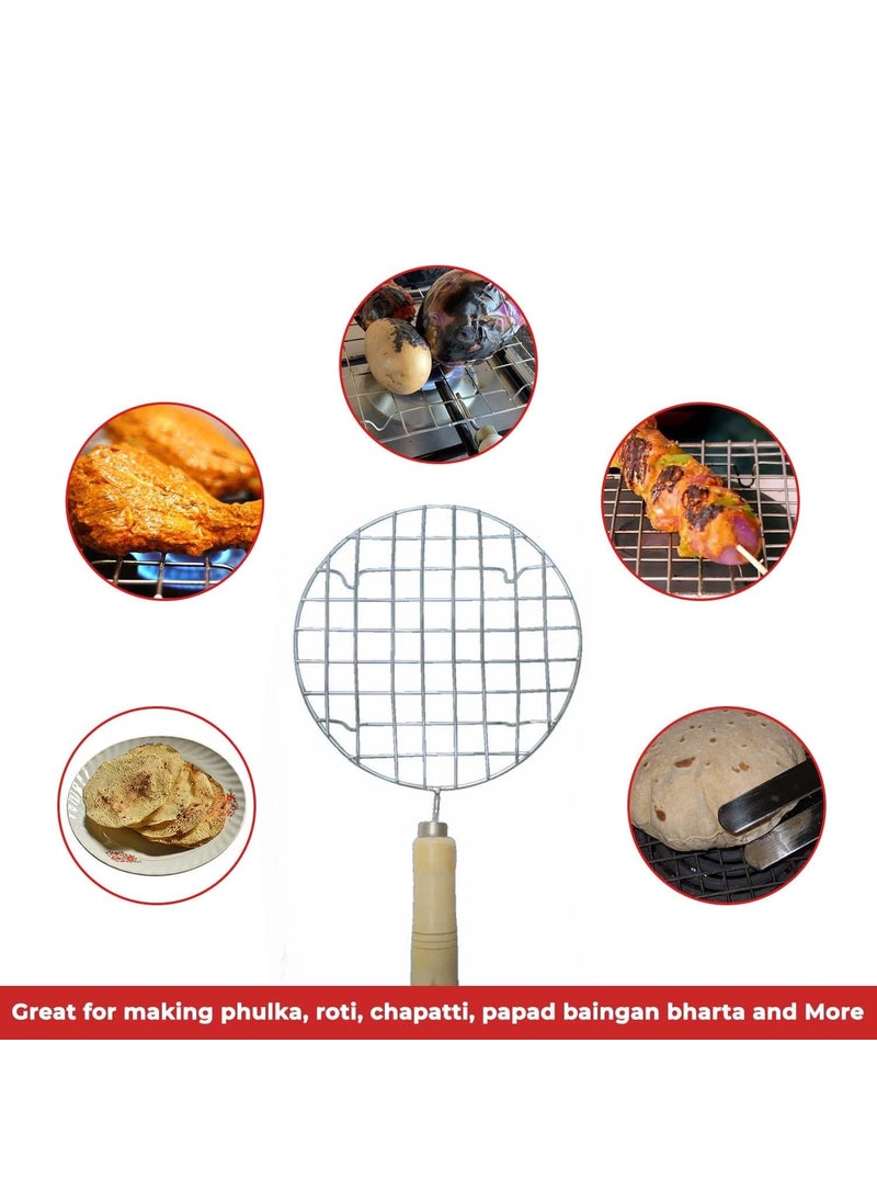 NMEXX NMEXX Stainless Steel Round Roast Grill MultiPurpose for Roti Jali Papad Chapathi Papad Roast Grill with Wooden Handle Dia9 Inches  - Image 2