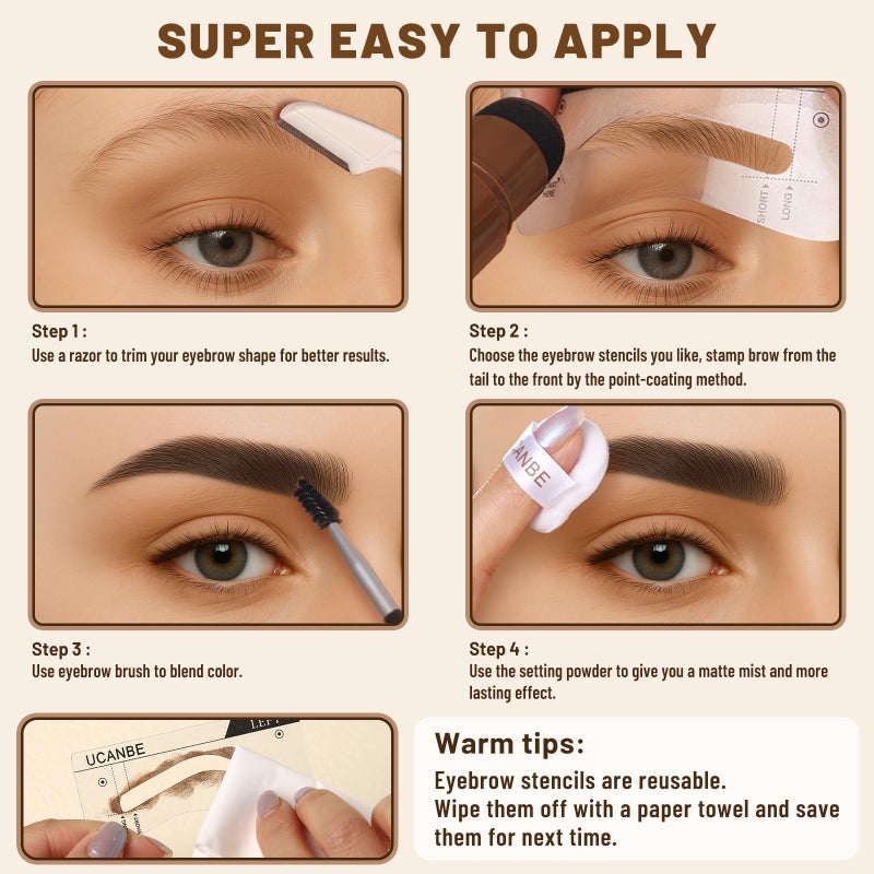 UCANBE 25PCS Eyebrow Stamp Stencil Kit With Dual-Color Eyebrow Stamp Pomade,20 Reusable Eyebrow Stencils,Finising Powder,Brush,Eyebrow Razor,Zipper Pouch,Waterproof Eye Brow Stamping and Shaping Kit04 - Image 5