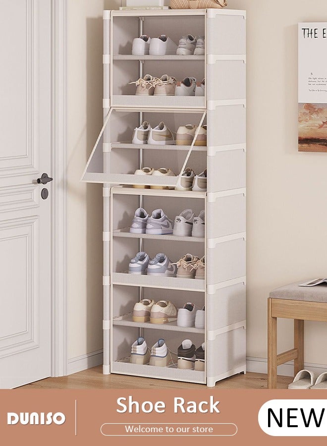 DUNISO 8 Tier Shoe Rack with Dustproof Cover, Portable Shoes Organizer for Entryway, Shoe Storage Cabinet, Plastic Shoe Shelves Space Saving for Closet Entryway Bedroom Hallway  - Image 1