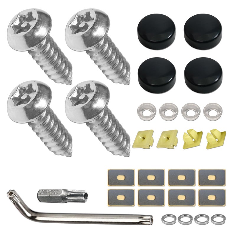 Aootf Stainless Steel License Plate Screws -30PC Star Anti Theft Screw Torx Head Security Tamper Resistant Self Tapping License Plate Bolt License Plate Frame Fastener, Black Caps,Anti-Rattle Pad - Image 1