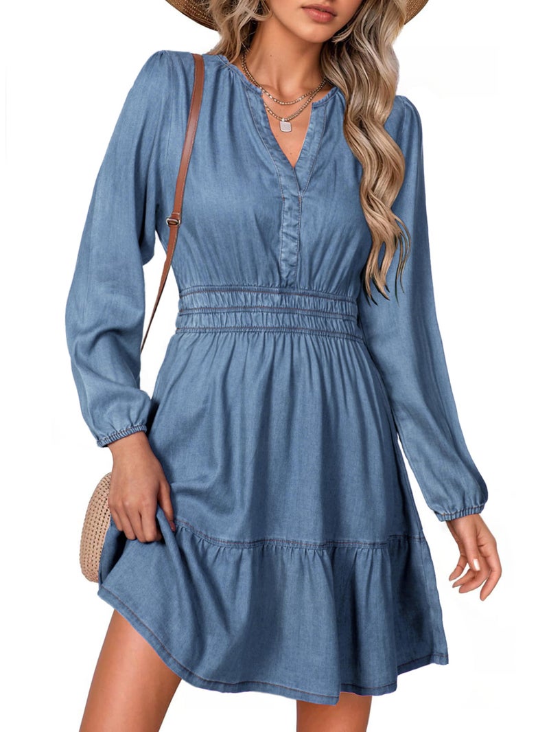 Simplee Womens Fall Denim Dress - Casual Long Sleeve V Neck Empire Waist Ruffle A Line Flowy Short Jean Dresses with Pockets,Denim Blue,L - Image 1