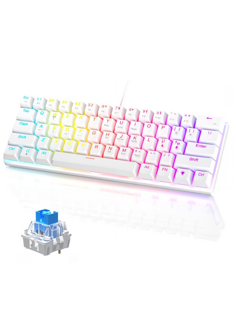 Xkimos 61-key RGB Mechanical Keyboard 60% Mini Wired Waterproof Gaming Keyboard with Blue Switches for Gamers, White  - Image 1