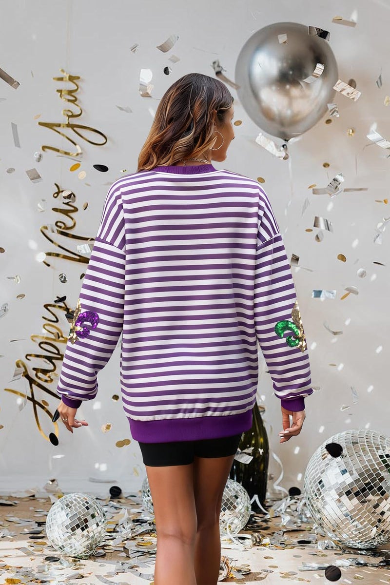LUKYCILD Mardi Gras Sweatshirt Women Stripes Fat Tuesday Shirt Mask Graphic Carnival Long Sleeve Tee New Orleans Party Top - Image 5