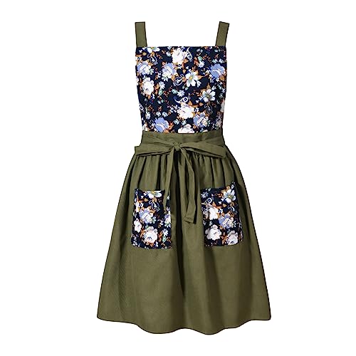 Pinknoke Vintage Pinafore Apron Dress for Women with Pockets Cute Floral Chef Aprons for Kitchen Cooking Baking Gardening (Olive Green) - Image 1