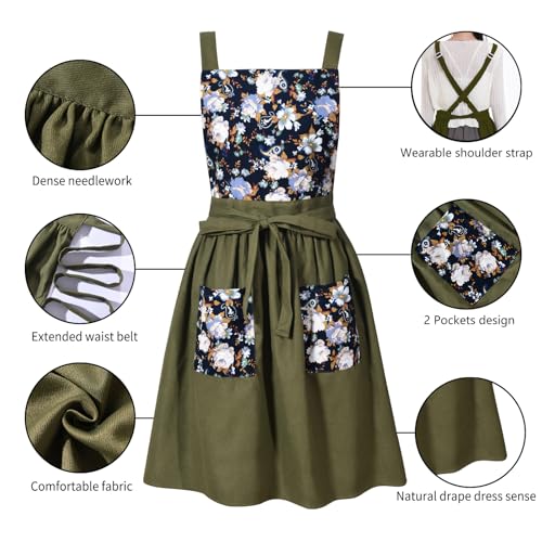 Pinknoke Vintage Pinafore Apron Dress for Women with Pockets Cute Floral Chef Aprons for Kitchen Cooking Baking Gardening (Olive Green) - Image 5