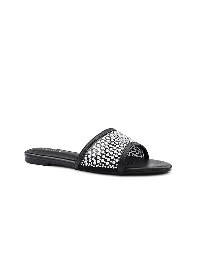أيقون Festive flat sandal with a sparkling lace front.