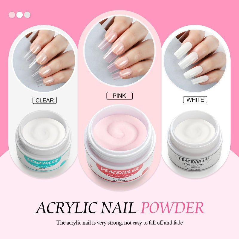 PEACECOLOR Acrylic Nail Kit for Beginners with Drill U V light, 3pc Acrylic Powder Clear/ Pink /White Set 12Pcs Glitter Powder 200Pcs Fake Tips Nail Starter Kit for Extensions DIY - Image 3
