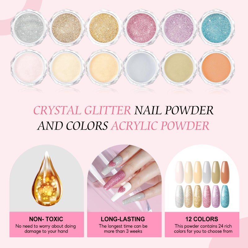 PEACECOLOR Acrylic Nail Kit for Beginners with Drill U V light, 3pc Acrylic Powder Clear/ Pink /White Set 12Pcs Glitter Powder 200Pcs Fake Tips Nail Starter Kit for Extensions DIY - Image 4