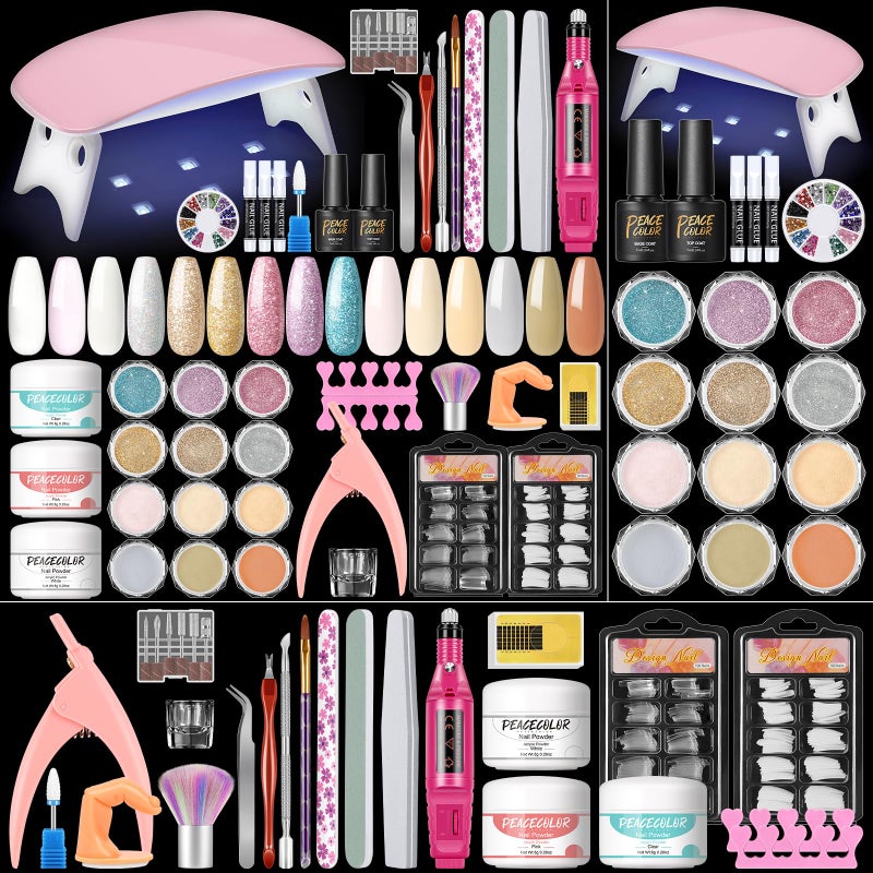 PEACECOLOR Acrylic Nail Kit for Beginners with Drill U V light, 3pc Acrylic Powder Clear/ Pink /White Set 12Pcs Glitter Powder 200Pcs Fake Tips Nail Starter Kit for Extensions DIY - Image 1