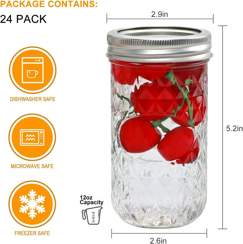 Flrolove Mason Jars 12 OZ,Canning Jars with Lids 24PACK,Glass Jam Jars, Jelly Jars with Airtight Lids,Ideal for Canning, Preserving, Honey, Wedding Favors, Shower Favors - Image 2
