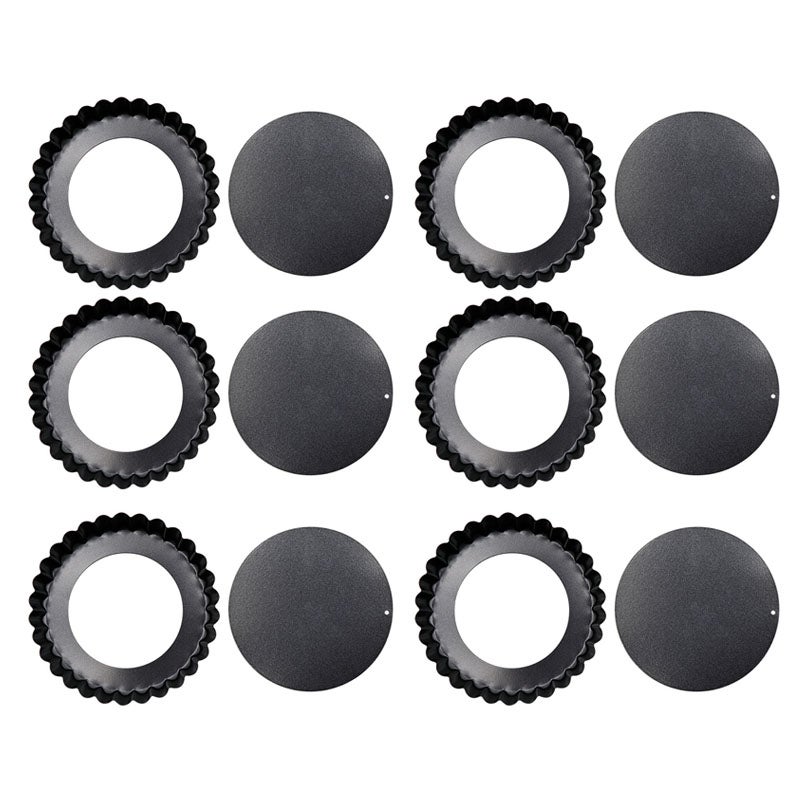 6PCS Removable Bottom Tart Pan Non Stick Coating Carbon Steel Black Quiche Pan for Kitchen - Image 1