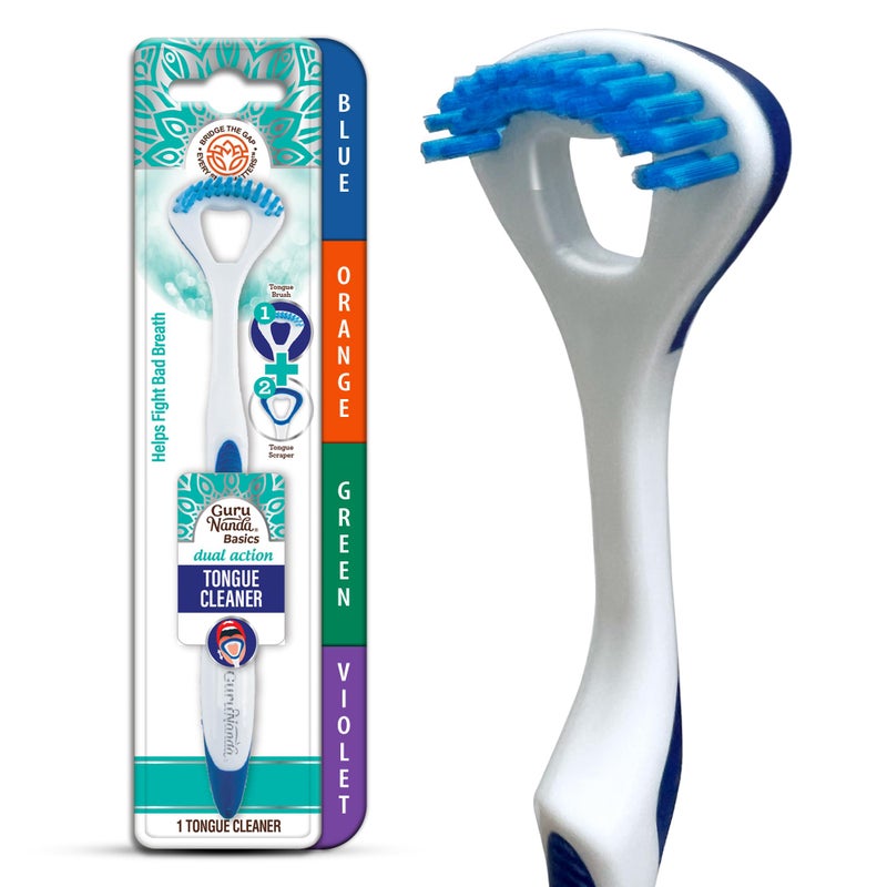 GuruNanda Dual Action Tongue Scraper (1 Pack), 2-in-1 Tongue Scraper & Soft Bristled Brush, Deep Cleans & Fights Bad Breath - Color Varies - Image 1