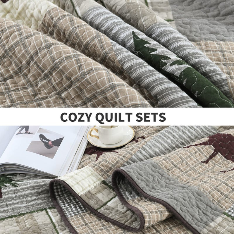 PERHOM Quilt King Size - 100% Cotton Lightweight Cabin Plaid King Quilt Bedding Set, Forest Tree Brown Bear Deer Patchwork Reversible Bedspread/Coverlet/Comforter Set with 2 Shams, 3PCS - Image 5