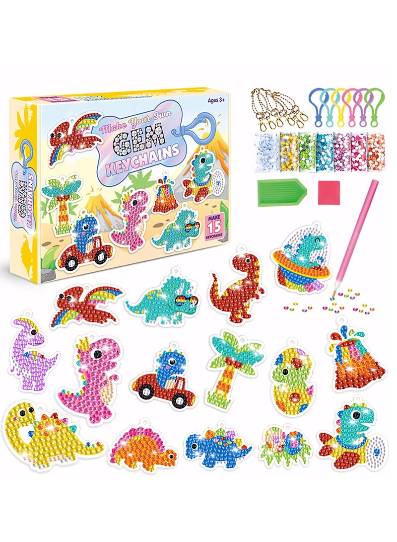 5D Diamond Painting Keychain, 15-Piece DIY Diamond Painting Keychains Ornaments, Dinosaur Diamond Painting Keychains Pendant Gem Art Keychain for Children Gift - Image 1