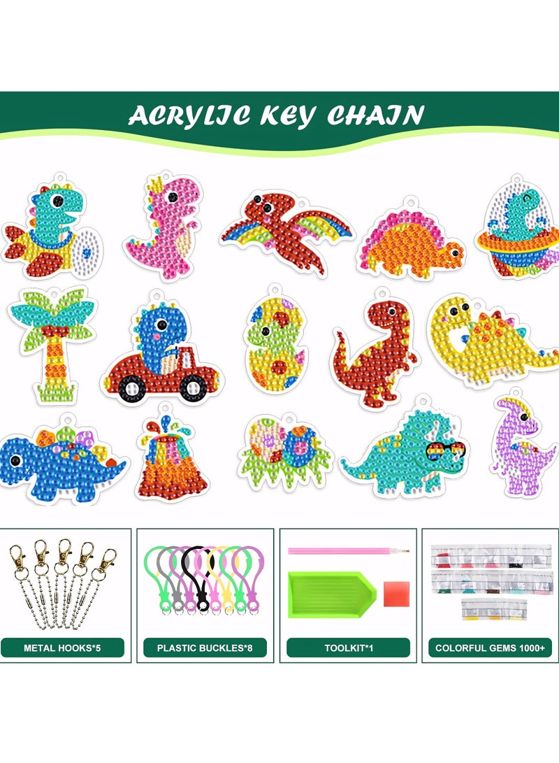 5D Diamond Painting Keychain, 15-Piece DIY Diamond Painting Keychains Ornaments, Dinosaur Diamond Painting Keychains Pendant Gem Art Keychain for Children Gift - Image 2