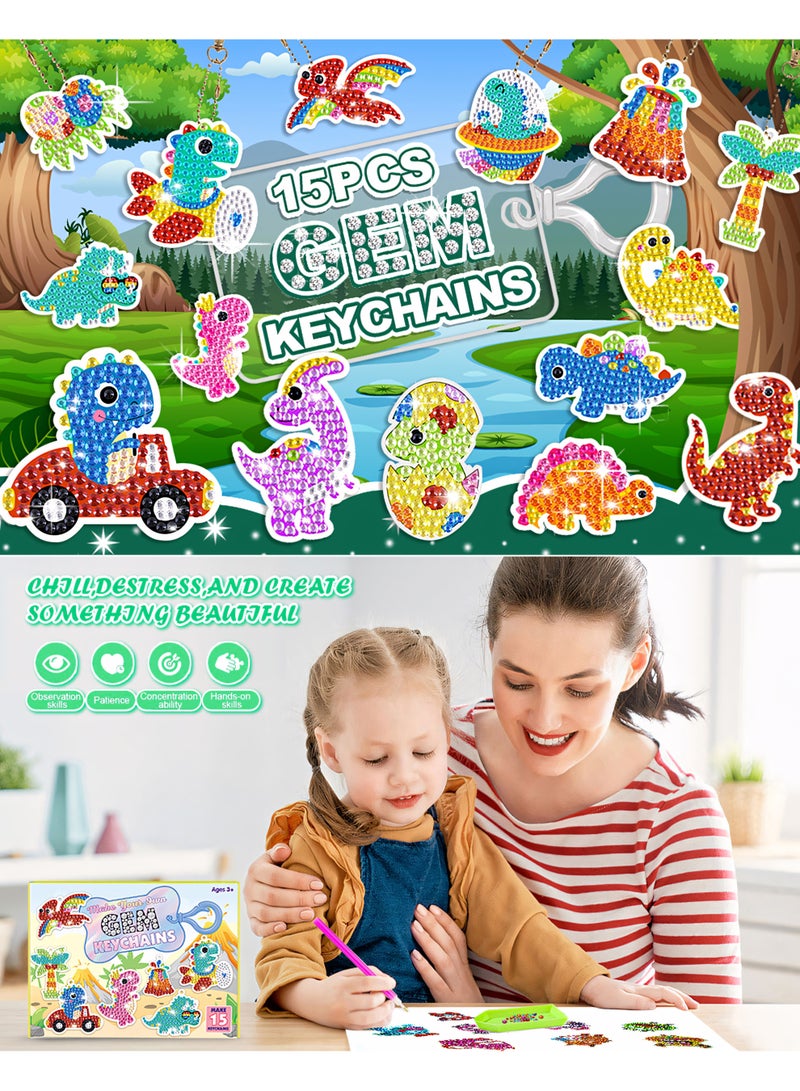 5D Diamond Painting Keychain, 15-Piece DIY Diamond Painting Keychains Ornaments, Dinosaur Diamond Painting Keychains Pendant Gem Art Keychain for Children Gift - Image 4