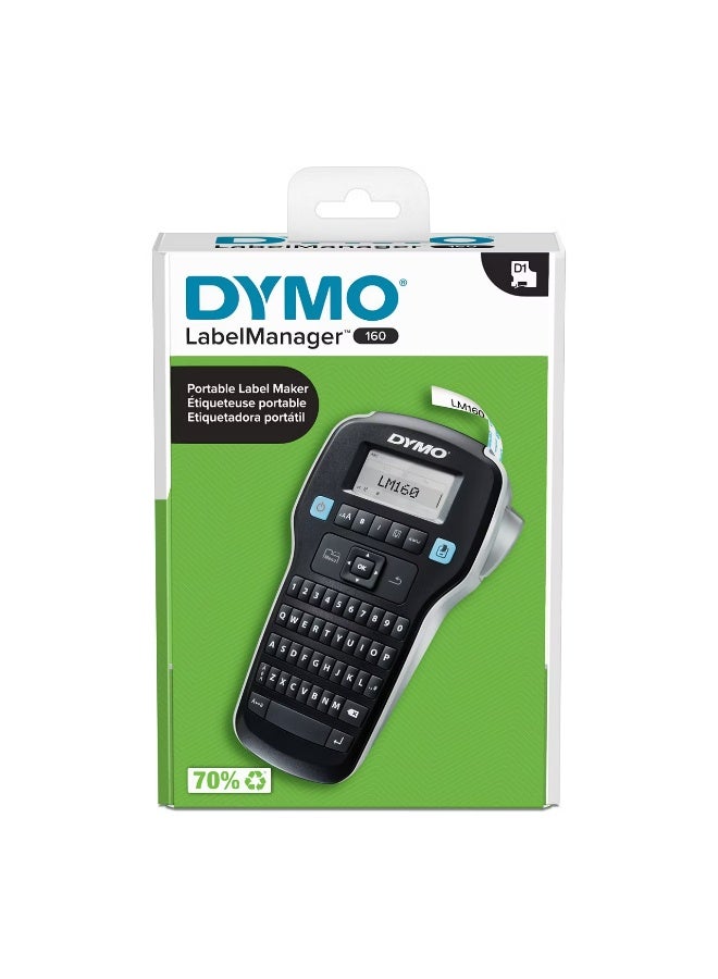 دايمو طابعة الملصقات المحمولة DYMO LabelManager 160 (LM160) مزودة بلوحة مفاتيح إنجليزية بتنسيق QWERTY، وتطبع ملصقات D1 بمقاسات 6 مم و9 مم و12 مم. - Image 1