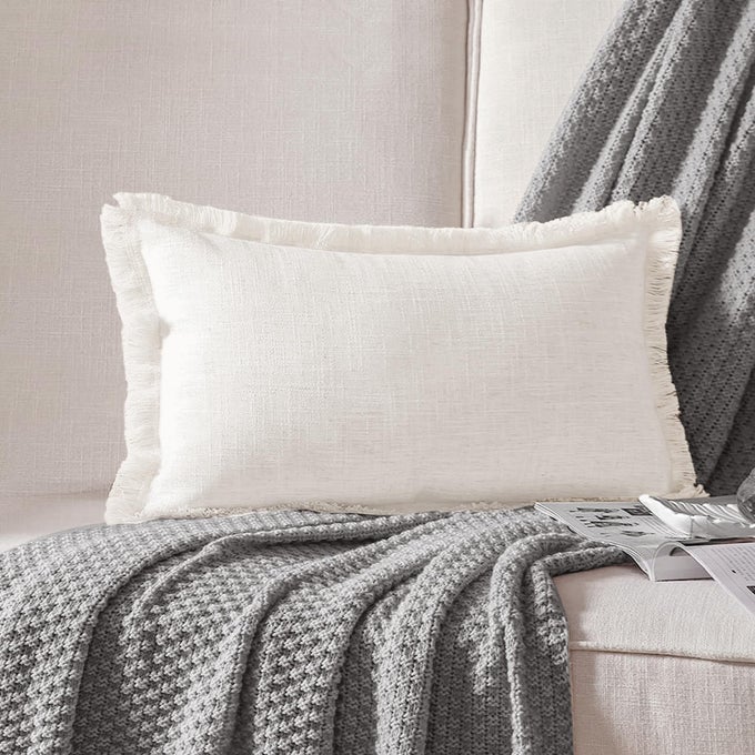 DECOR THROW PILLOW COVER 12X20 INCH LINEN LUMBAR PILLOW COVER DECORATIVE FARMHOUSE BOHO FRINGE CUSHION COVER FOR COUCH SOFA BED OUTDOOR CREAM
