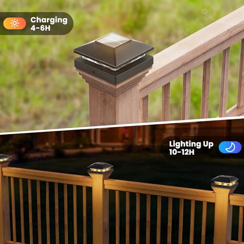 JOFIOS Solar Post Cap Lights Outdoor 16-Pack, Black Waterproof Solar Powered Deck Fence Lights Fit 4x4 Wood/Vinyl Posts, Bright Warm White for Patio, Porch - Image 2