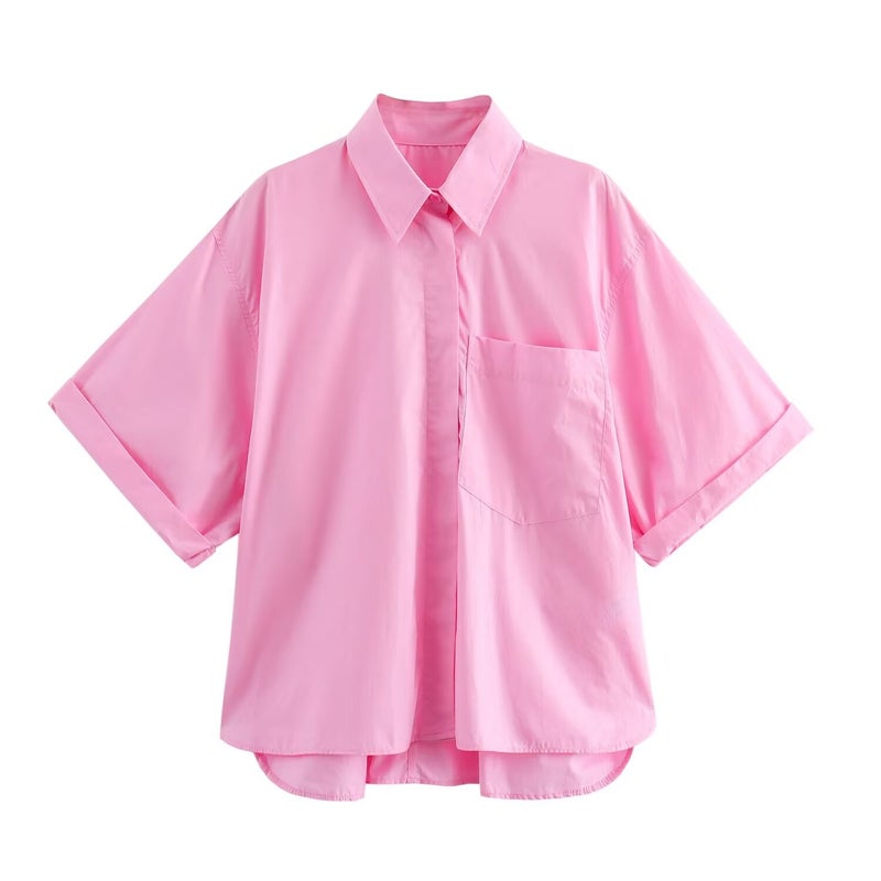 ZR Womens Clothing European and American Style 2024 Summer New Casual Style Loose All-match Pocket Poplin Short Shirt AC Pink  - Image 1
