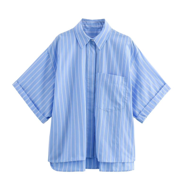 ZR Womens Clothing European and American Style 2024 Summer New Casual Style Loose All-match Pocket Poplin Short Shirt AC Pink  - Image 2
