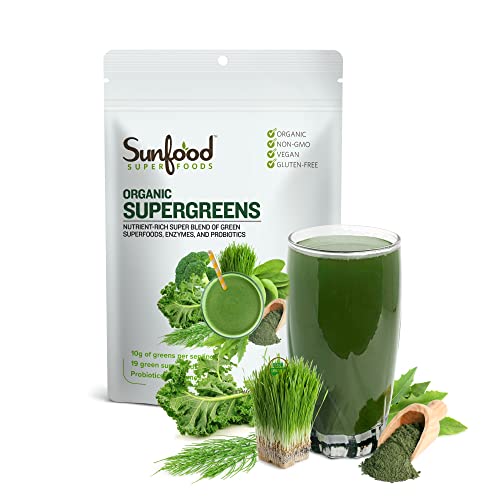 sunfood superfoods Sunfood Supergreens Greens Superfood Powder Super Greens Powder Organic Greens Blend Daily Green Juice Powder Vegetable Smoothie Drink Mix for Gut Health with Chlorella Spirulina 8 oz Bag 